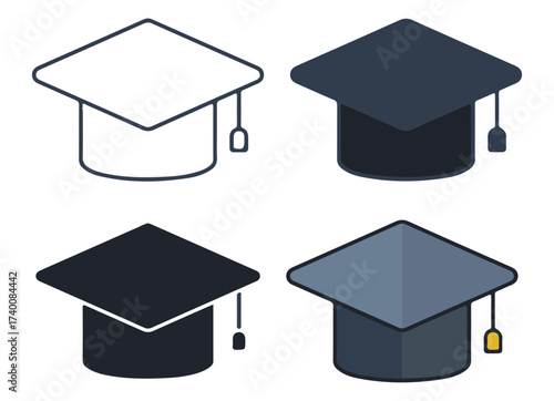 Graduation Cap Icon Set – Stylized Mortarboard Designs Representing Academic Success, Ceremony, and Education Themes
