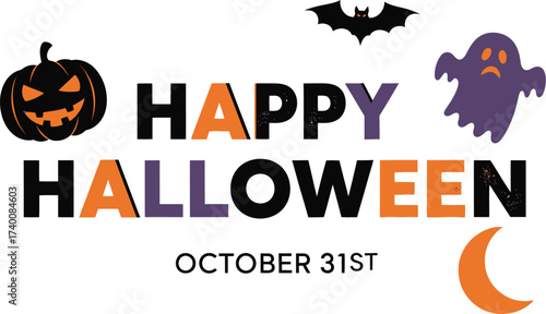 Spooky and festive "Happy Halloween" text with playful ghost, bat, and pumpkin icons