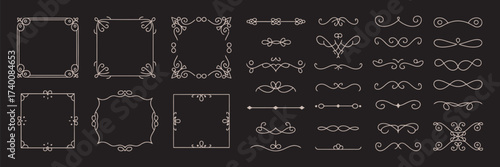 Vintage set of calligraphic decorative ornaments, featuring intricate square frames, text dividers, and elegant flourishes 