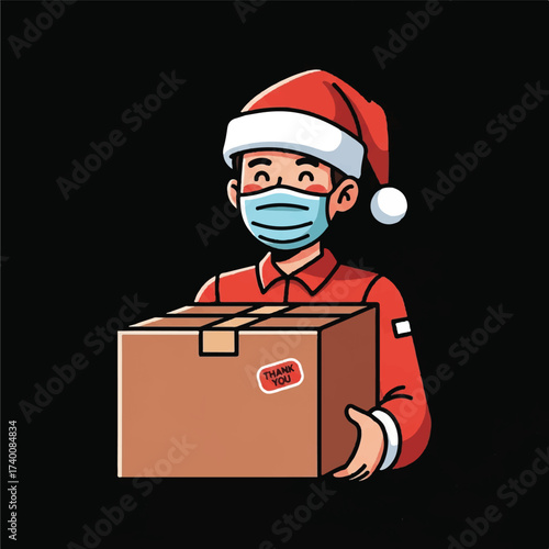 Cartoon delivery person in Santa hat and face mask holding a gift box for online holiday shopping with a cheerful expression.