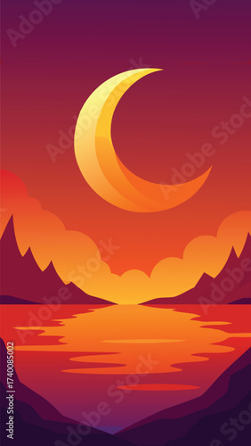 Crescent moon bay sunset reflection vector illustration scalable eps vector