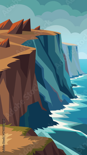 Rugged coastal cliffs with crashing waves vector illustration scenic seascape vector