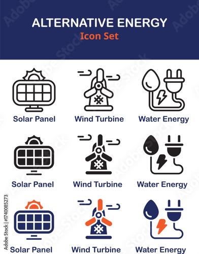 Energy Alternative icon set multiple style collection. Style Include outline, solid, dual tone. Vector illustration