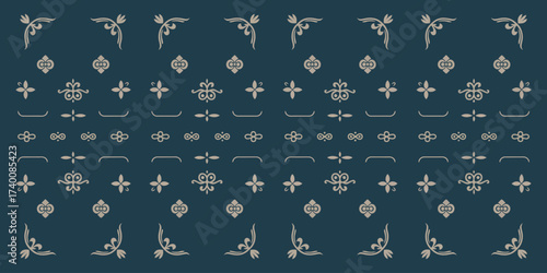 Elegant vintage decorative seamless pattern with ornamental flourishes and classic symmetrical elements on a dark background for luxury design