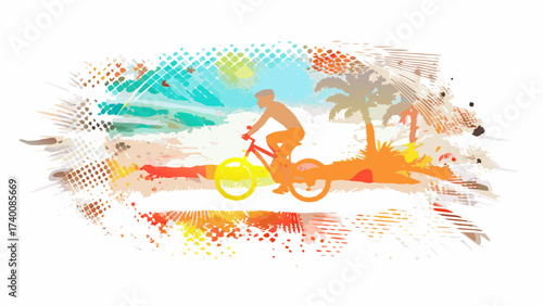 Energetic cyclist riding on a vibrant tropical beach, perfect for active lifestyle designs and summer travel promotions, originally a scalable vector graphic