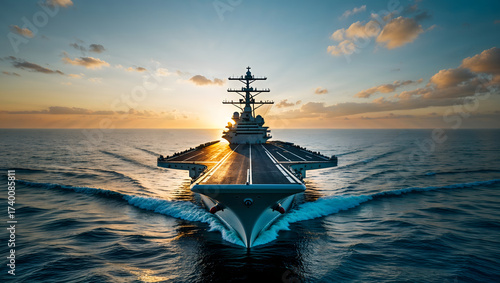 Vast aircraft carrier in the open ocean at sunrise, with warm golden light casting a glow on the ship's deck and Runway generative AI