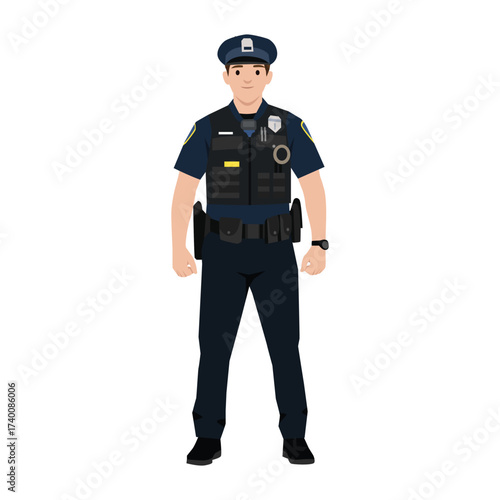 Male Police Officer Standing in Full Uniform. Flat vector illustration isolated on white background