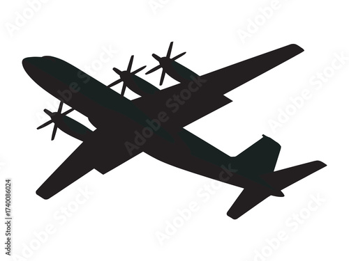 Dynamic black silhouette of a turboprop cargo aircraft in flight, rendered as a striking graphic icon for transport and aviation design projects