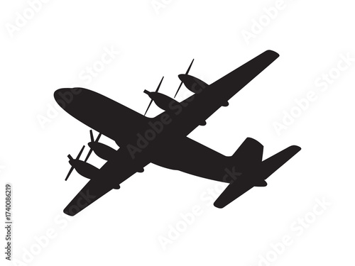 Graphic representation of a vintage four-propeller cargo plane, a striking black silhouette perfect for aviation-themed designs and digital projects
