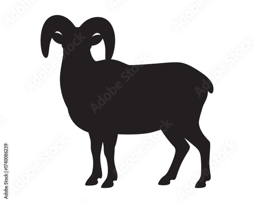 Powerful black ram silhouette, a striking vector illustration ideal for logos, emblems, and graphic design projects, symbolizing strength and determination in a minimalist style