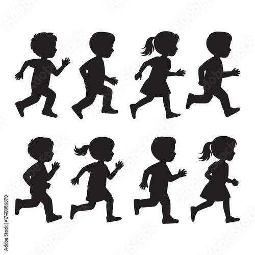 Silhouette Collection of Diverse Children Running and Playing with Joy