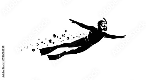 Vector art of silhouette of a scuba diver swimming underwater