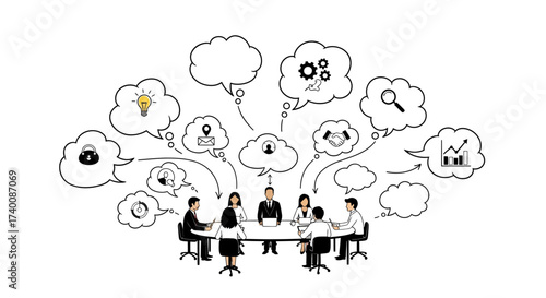 Vector art of business meeting with thought bubbles for concept