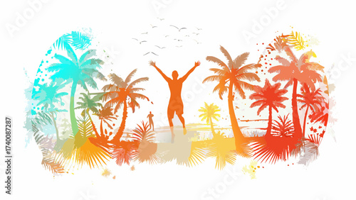 Vibrant tropical beach scene with palm trees, joyful figures, and colorful watercolor textures, perfect for summer vacation vibes and travel adventures