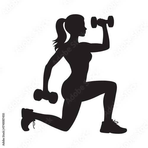 Silhouette of a Woman Exercising with Dumbbells in a Lunge Position for Fitness and Strength Training