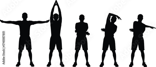 Man stretching silhouette exercise poses, fitness warm up workout illustration, healthy lifestyle training vector, athlete flexibility movement design, sports physical activity concept