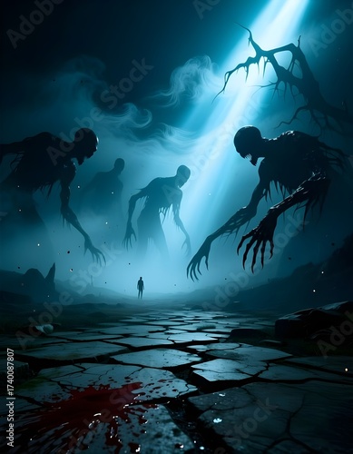 Lone person facing giant shadow monsters