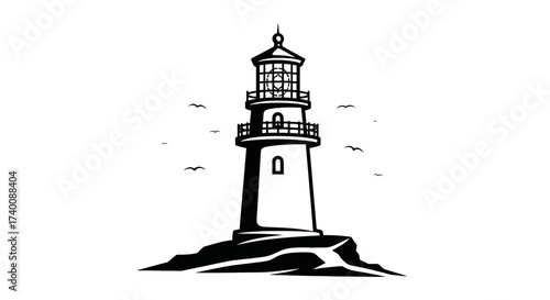 Vector art of lighthouse on a rocky coast, vector illustration