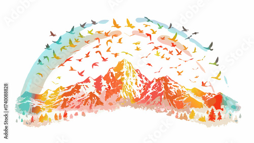 Inspiring mountain range artwork with vibrant colors and flock of birds, evoking freedom and adventure travel destinations for nature lovers and outdoor enthusiasts