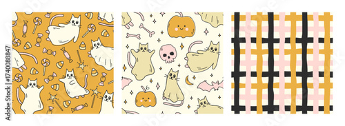 Set of playful and whimsical Halloween vector seamless patterns with cute smiling ghost cats, pumpkins, candies and grid. Spooky endless background collection with funny characters for holiday design