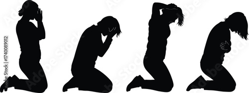 Sad woman silhouette vector, stress anxiety despair pose illustration, kneeling female emotion drawing, depression mental health concept, grief sorrow pain artwork design