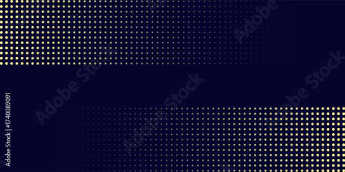 Blue abstract background with halftone golden lines delicate pattern. Small light spot box. Curve line, cosmic galaxy space. birthday party invitation.