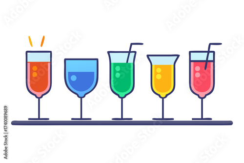 A row of five colorful, stylized cocktails with straws and garnishes, isolated on a, perfect for party or celebration themes