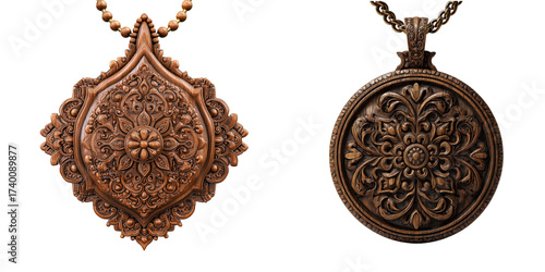 Set of Ornate wooden pendant with chain isolated on a transparent background