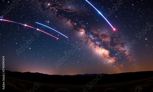 Streaking meteors illuminate a vast, dark night sky studded with countless glittering stars, celestial event, cosmic dust, heavens