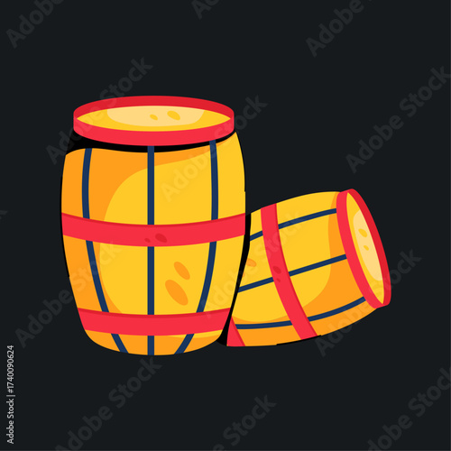 Illustration of two wooden barrels, one standing and one lying down. Represents storage, traditional farming, and old-style containers.