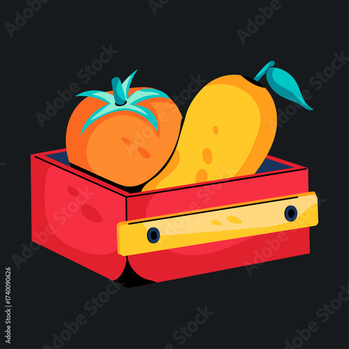 Illustration of a red crate holding a tomato and a mango. Represents fresh farm produce, fruits, and storage.