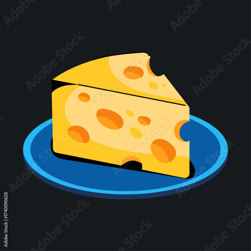 Cartoon illustration of a cheese wedge with holes, placed on a blue plate. Represents dairy, milk products, and farm produce.