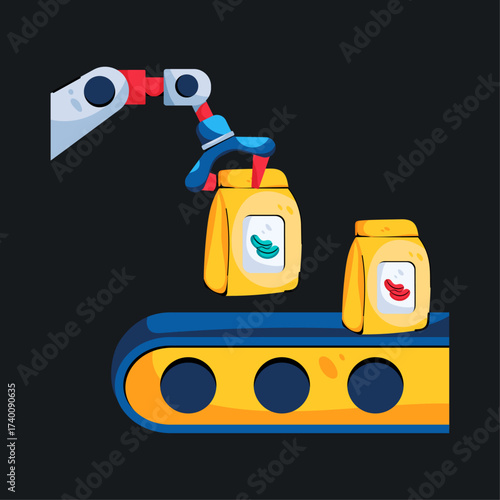 Illustration of a robotic arm placing food packages on a conveyor belt. Represents automation, food industry, and modern production systems
