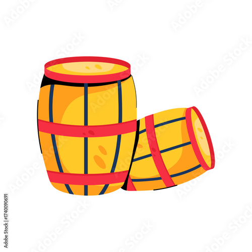 Colorful vector illustration of two wooden barrels with red rims and black bands. Perfect for use in designs related to farming, storage, wineries, breweries, beverages, agriculture, countryside, or v