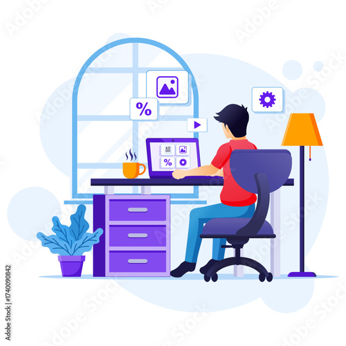 Work from home concept, A man sitting at desk and work on laptop, stay at home, Quarantine during the Coronavirus Epidemic illustration