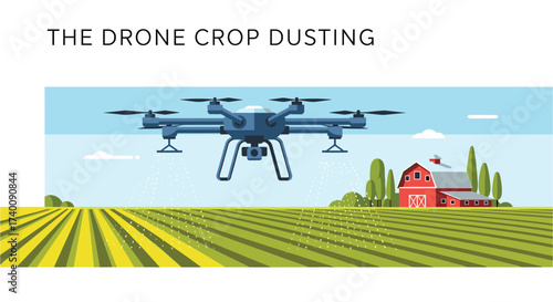 Drone Spraying Crops: Agricultural Innovation for Modern Farming, Precision Agriculture and Automated Crop Care with Rural Landscape and Barn in the Background.