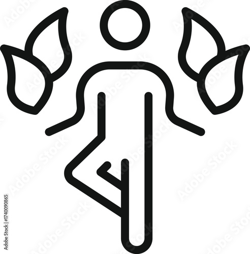 Stylized line art icon of a person in tree pose yoga with abstract wing shapes symbolizing growth and balance