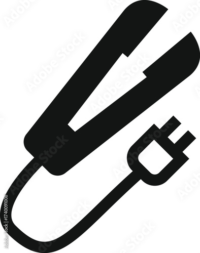Simple black silhouette icon of an electric hair straightening iron with a power cord and plug on a white background