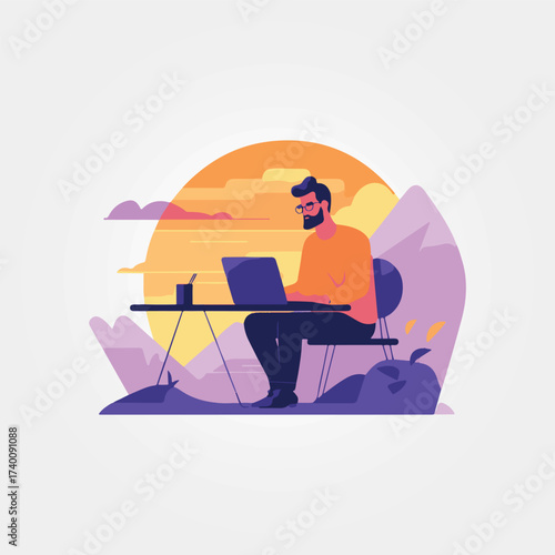 Vector illustration of a silhouette of a man with a bag and a hat in an office business setting