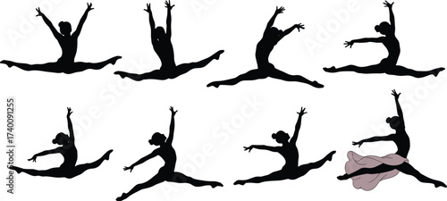 Ballet leap silhouette, grand jeté sequence, elegant dancer motion, pink skirt accent, graceful jump, choreography pose, classical ballet movement
