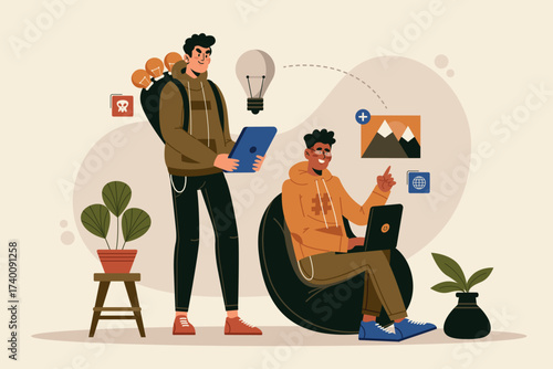 Business cartoon vector concept illustration of people working in office with money idea