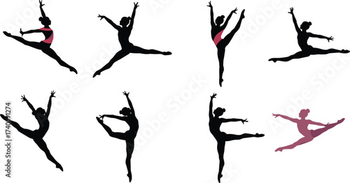 Ballet dancer silhouette, graceful pose, elegant movement, pink highlight, dance leap, arabesque, flexibility, performance art, classical ballet, female dancer