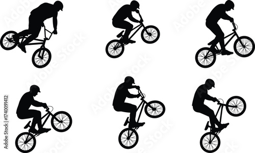 BMX bike silhouette, stunt rider motion, airborne trick posture, extreme sport action, black figure, freestyle maneuver, cycling technique, helmet athlete, dynamic jump