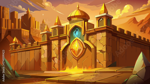 Close-up of Dorne sandstone palace wall, glowing golden reflection, surreal texture, fantasy aura, dreamlike atmosphere, mystical architecture detail, epic design, enchanted world close-up, imaginativ
