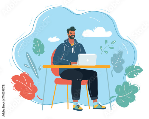 Young man working on laptop vector illustration in office setting