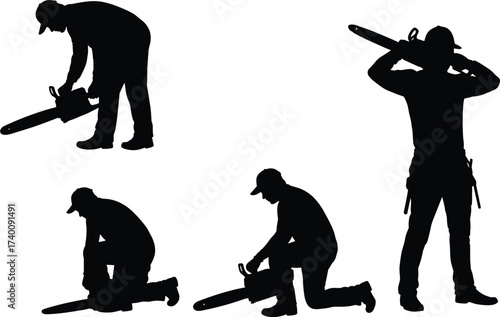 Silhouette of workers with chainsaw, lumberjack using equipment, logging industry, safety gear, cutting tool, construction worker, woodcutter, forestry job, vector illustration design