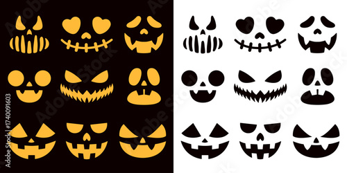Collection of Halloween pumpkin carved faces in black, orange on light, dark isolated backgrounds. Funny, scary eyes and mouth. Emojis. Spooky jack o lantern flat vector silhouettes set. Hand drawn.