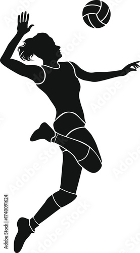 Dynamic silhouette of a female volleyball player in mid air executing a powerful spike against a white background