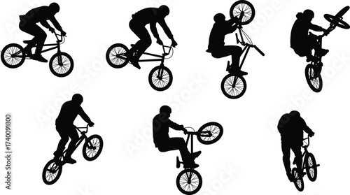 BMX bike silhouette, stunt rider motion, mid-air trick, extreme sport posture, black figure, cycling technique, acrobatic movement, freestyle jump, helmet athlete