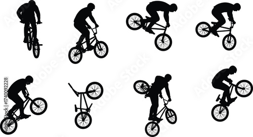 BMX bike silhouette, stunt rider motion, mid-air trick, freestyle posture, extreme sport action, black figure, cycling technique, airborne maneuver, helmet athlete